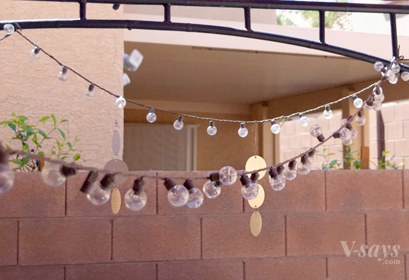 string lights with holographic bird scare discs