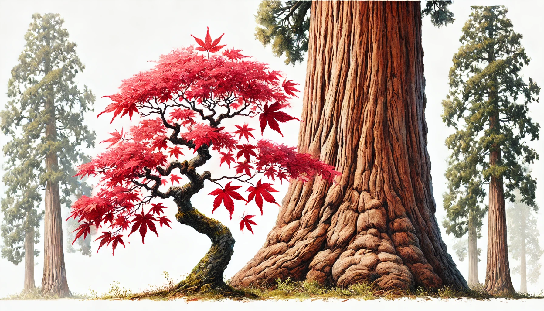 Japanese maple tree next to a sequoia tree