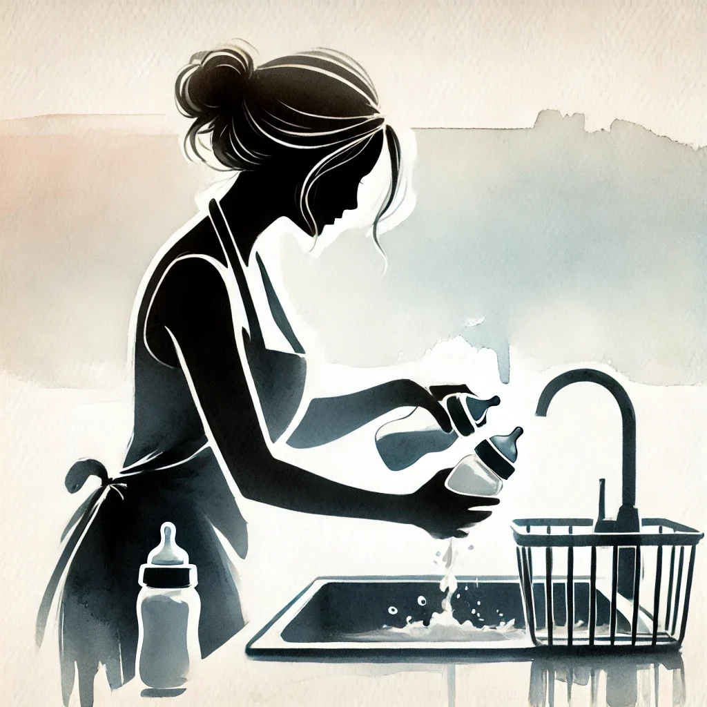 mom washing baby bottles