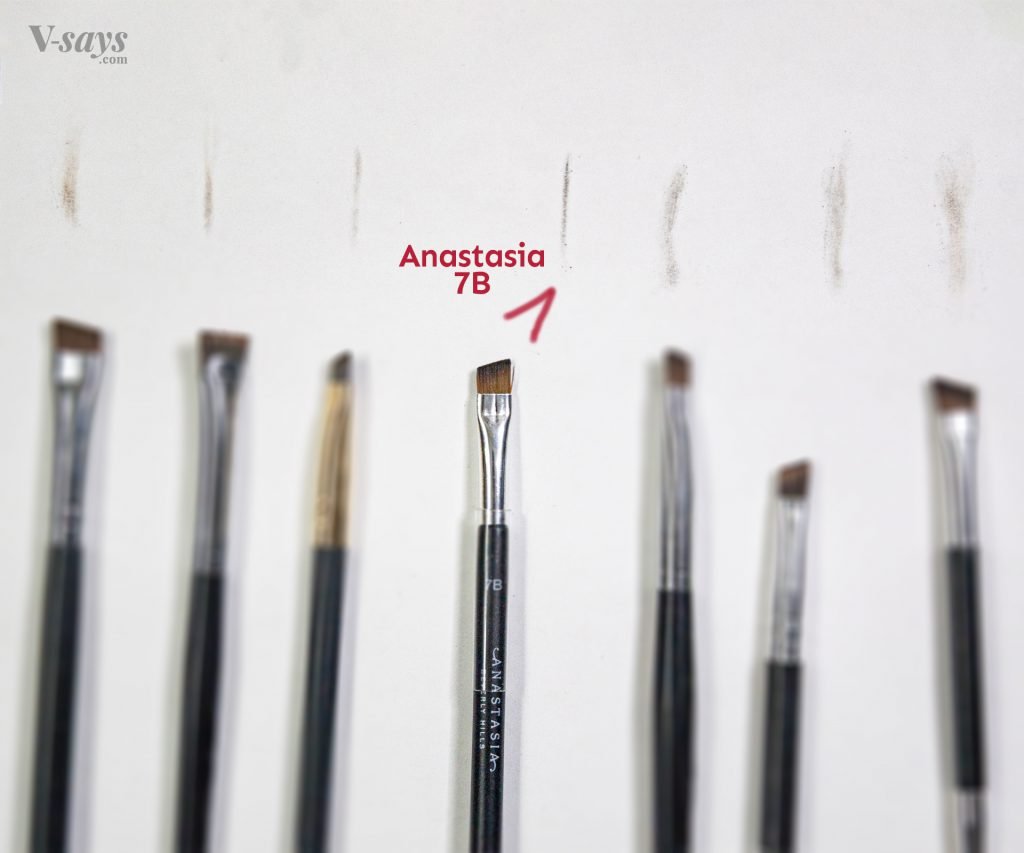Anastasia 7B brow brush swatched, vs other brushes